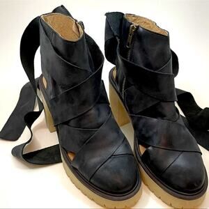 Free People blake Black leather Heeled ankle straps made in spain platform heel